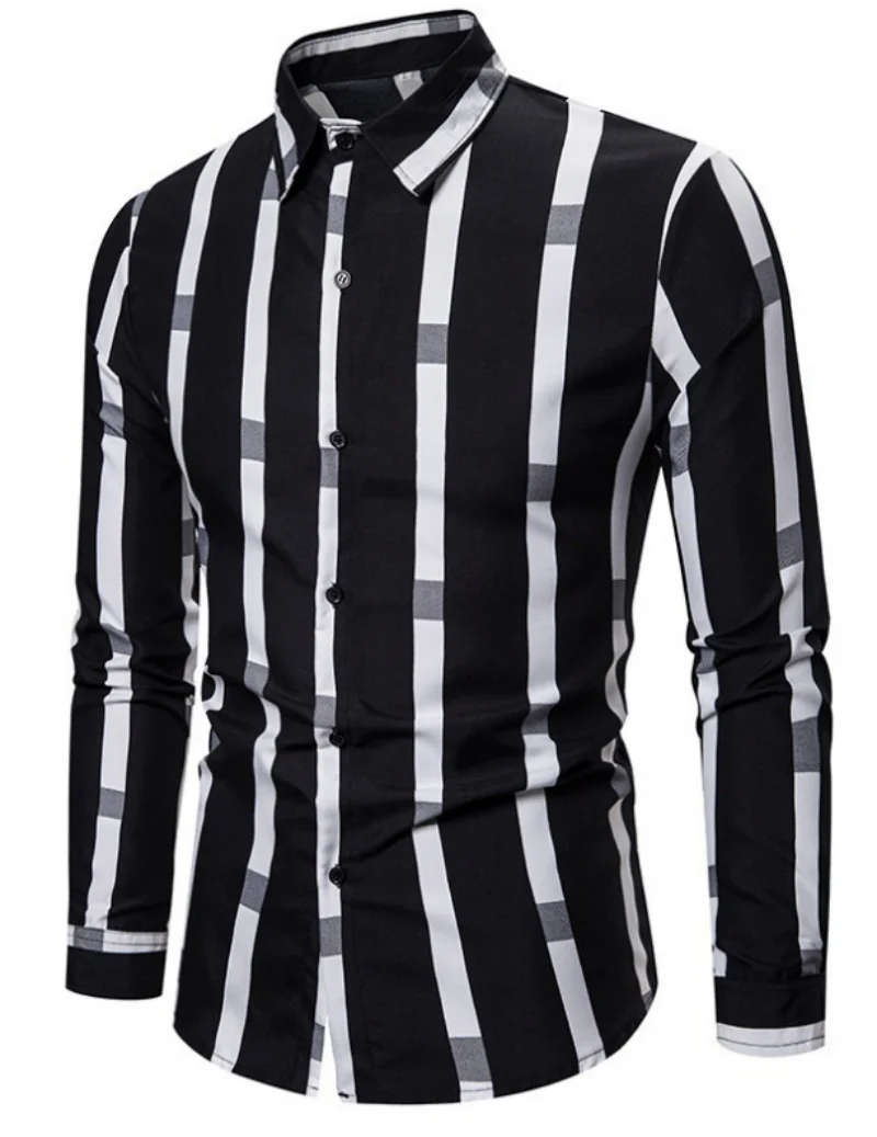 2024 men\'s new casual striped long sleeved seasonal shirt for foreign trade