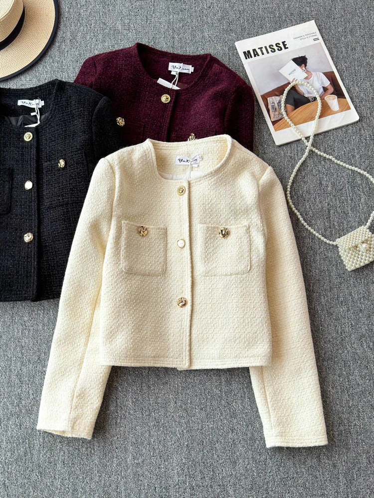 

Ele Chic White ort Outerwear for Women Premium Design Small Sc Top Trendy Commute Sle Button ket Long Sve