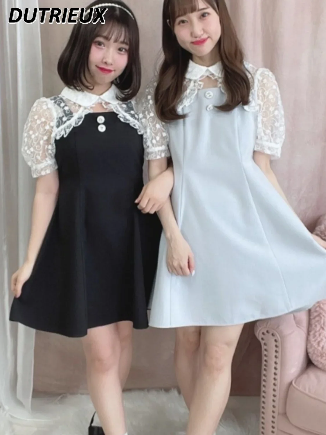 

Doll Collar Dresses for Women Fashion Fake Two-Piece Lace Stitching Ladies Short Sleeve Mid-Length Dress Summer Japanese Style