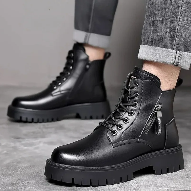 Men Boots High Quality Casual Leather Boot Outdoor Waterproof Leather Winter Booties Plush Warm Cotton Boots for Men Ankle Botas