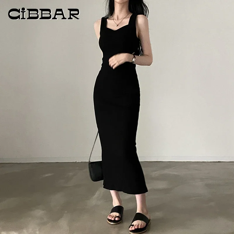 2025 Basic Knit Long Dress Korean Fashion Square Collar Sleeveless Women's Dresses Summer Casual Y2k Vintage All-match Outfits