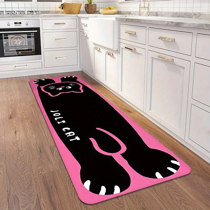 Cute JOLI CAT Pink Black Kitchen Bath Mat, Non-Slip Soft Absorbent Long Floor Rug with Cartoon Cat Print Pet Lovers Home Decor