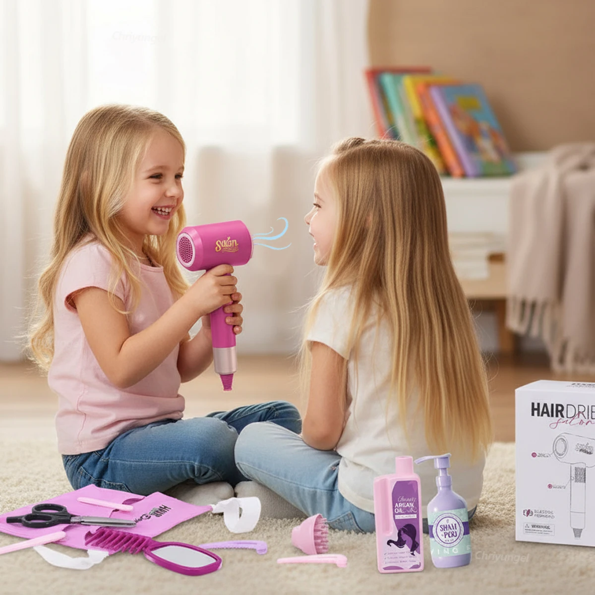 Conjunto de salão de beleza infantil com secador de cabelo, simulação de cabelo para meninas, brinquedo de maquiagem para brincar de fingir, presentes para meninas