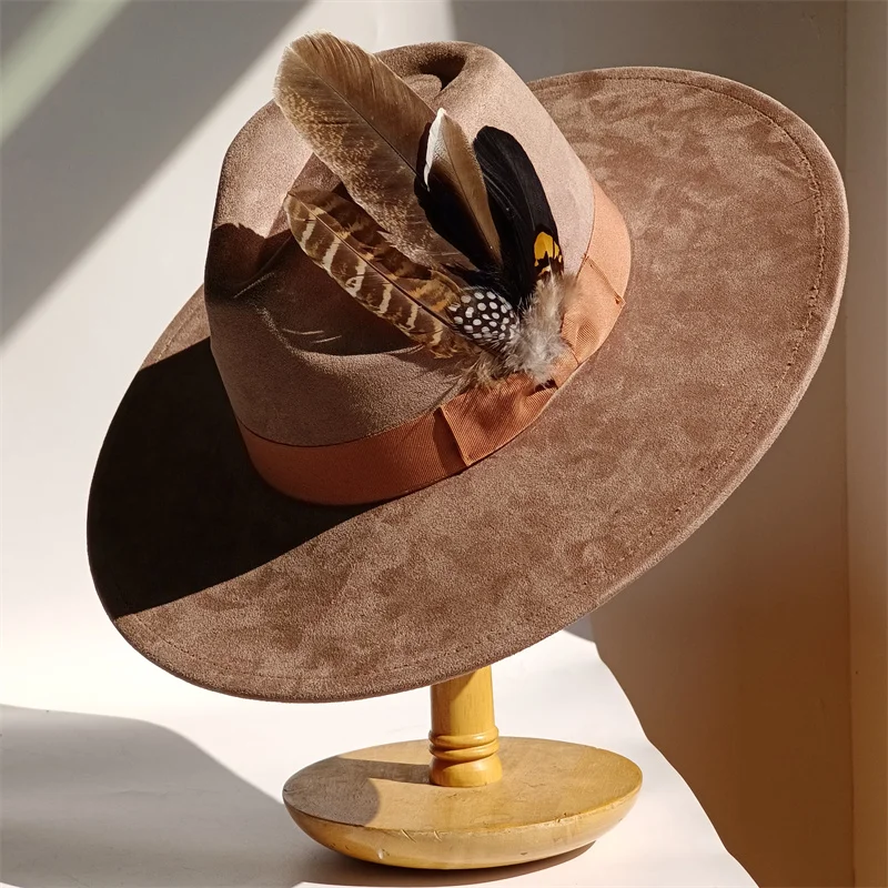 Mocha Feather Suede Top Hat Wide Brim Fedora Hat Men Women Autumn Suede Hat Winter Felt Jazz Hats Fedoras Sombrero Mujer