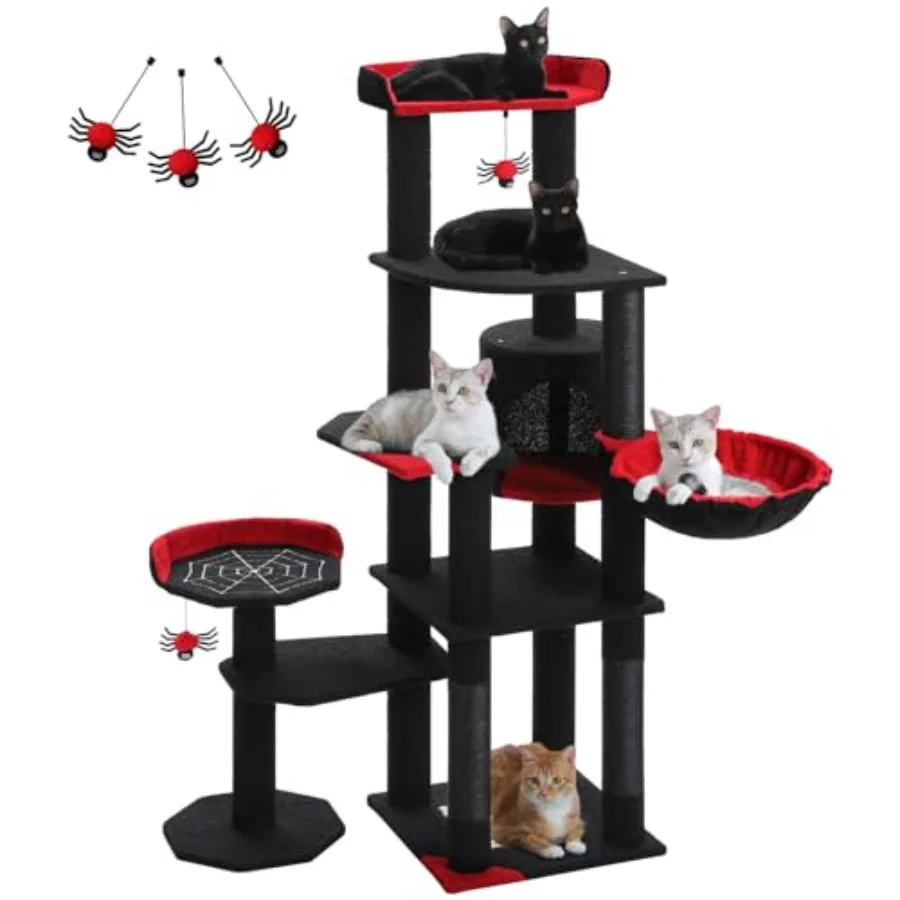 

59 готических кошачьих деревьев с кроватью для гроба — черная башня для кошек для домашних кошек с просторным кондоминированием для кошек, уютный гамак, подвесные шарики-пауки Si