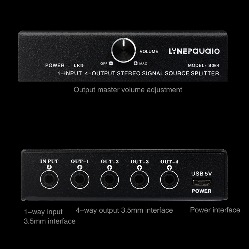 1 en 4 salidas, dispositivo distribuidor de señal de frecuencia de audio, salida sin consumo, interfaz de 3,5 mm