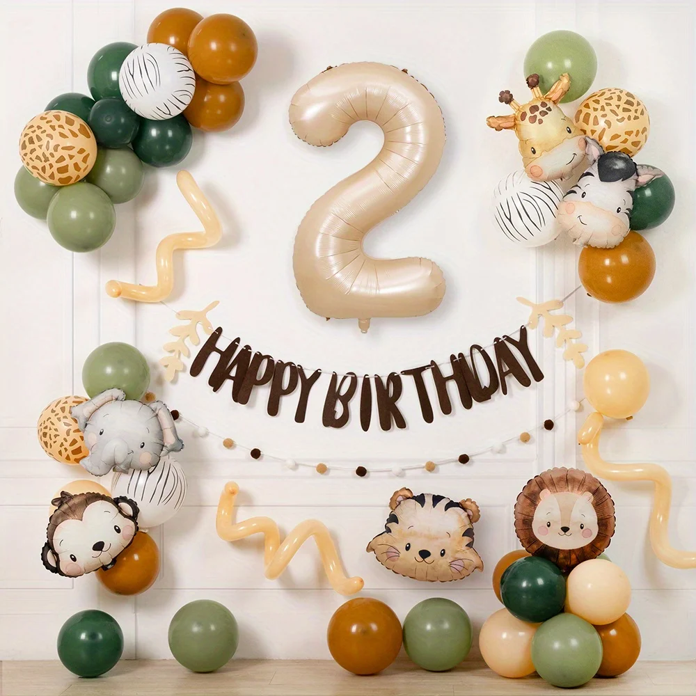 55 قطعة بالونات عيد ميلاد حيوانات سفاري الغابة راية للأطفال 1 سنة زينة حفلات أعياد الميلاد البرية واحدة خضراء اللاتكس الهيليوم Globos #4