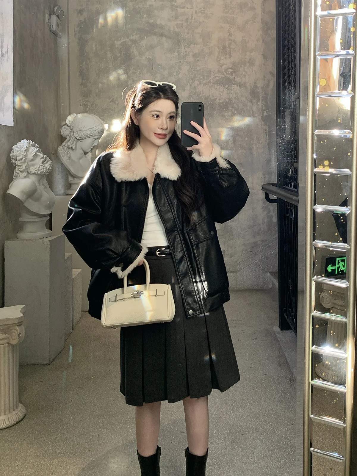 

Withmxboom ey Fur Collar Jaet Women's Casual Faion Loose Outerwear Leather Coat All-Match Long Sve Zipper