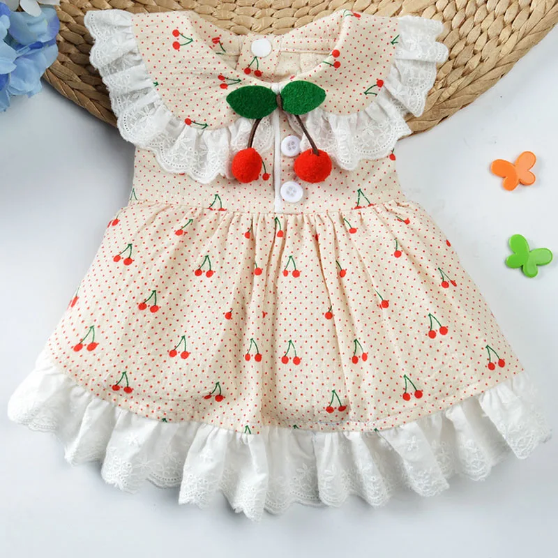 Sweet Lace Collar Cat Dress for Dogs,Cherry Decor, Blue Tutu Skirt for Small Dogs, Princesses Shirts, Pet Apparel, Sundress, XXL