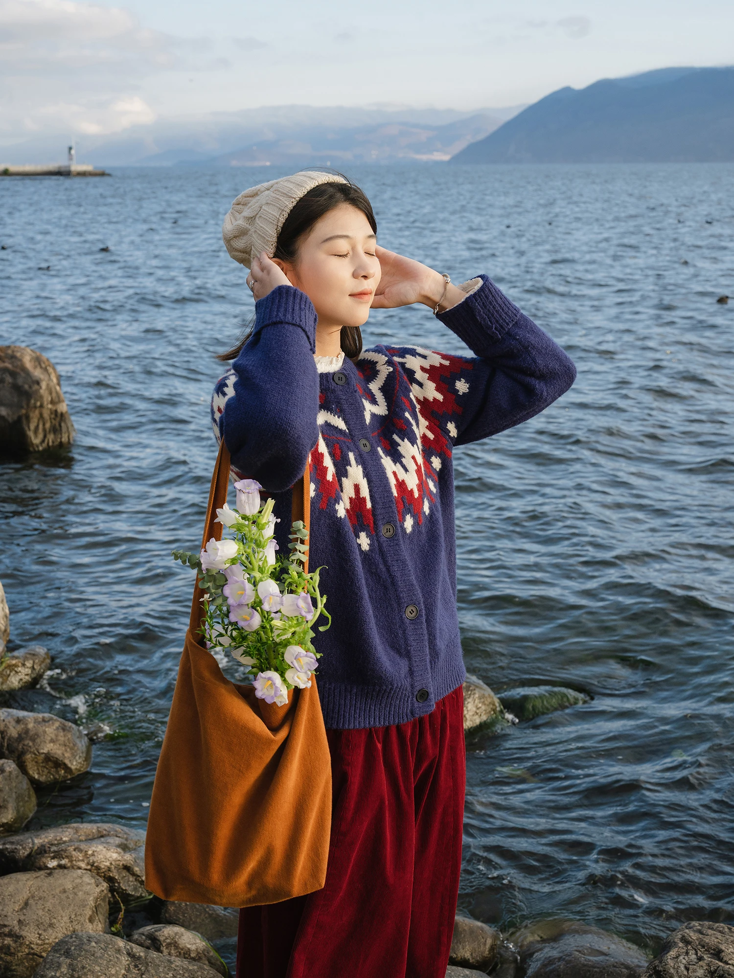 

Nordic Sle Мягкий уютный вязаный свитер Cisas Fair Isle Синяя верхняя одежда Sweet Sle из смеси хлопка Long Sve круглый кардиган Ne