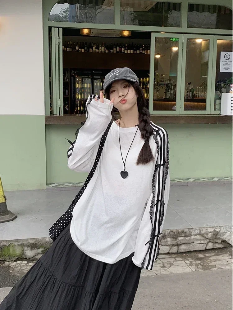 Kimotimo Lace Striped Bow Long Sleeve Design T-shirt Women Korean Style Casual Loose Mid Length Tops Summer Sweet Fashion Tees