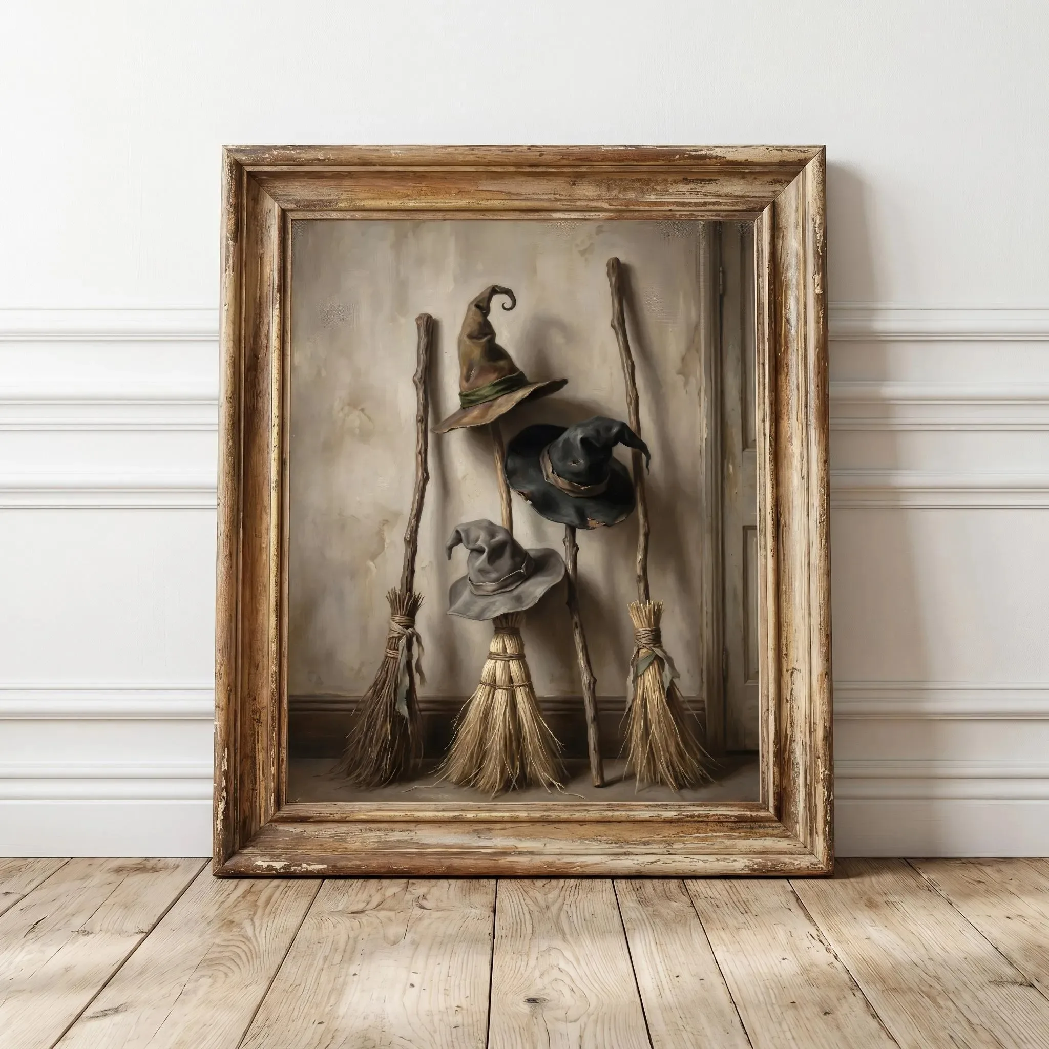 Retro Witch Hat & Broom Canvas Print Funny Ghost Bathroom Pumpkin Castle Halloween Wall Art Poster for Modern Autumn Home Decor