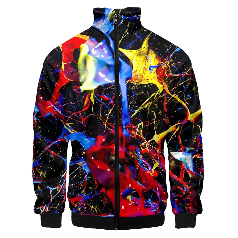 Creative design Men's Bomber Jacket Casual 3D Print Colorful Splash Paint Jacket Long Sleeve Zipper Coat Sweatshirt