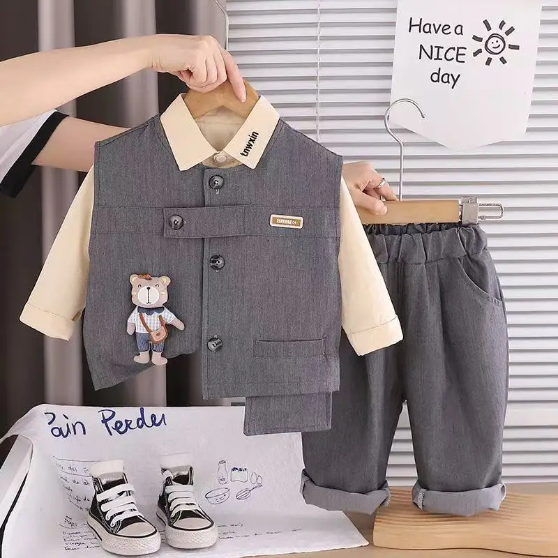 

Boys' Spring Autumn Shirt Set 2026 New Style Children's Baby Handsome Casual Suit Vest Pants 3-Piece Set