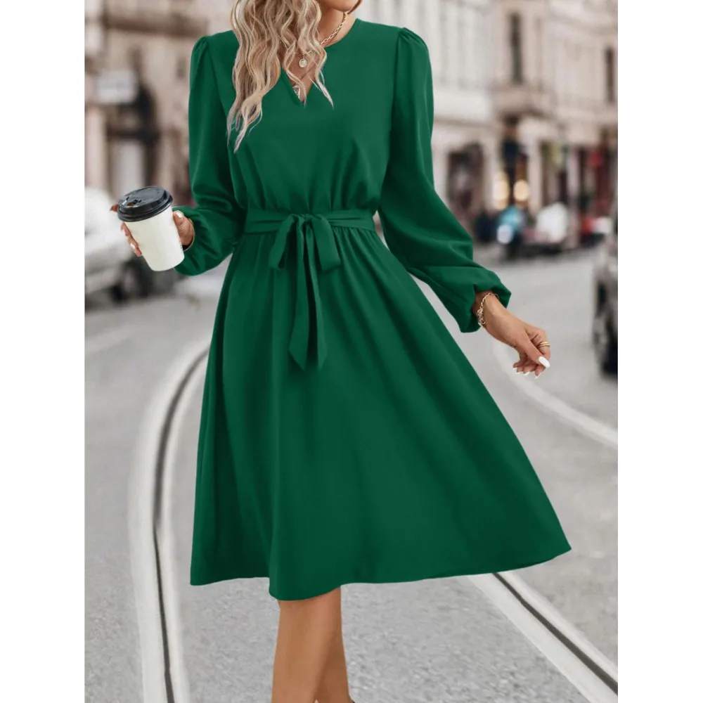 New Autumn And Winter Women's Fashion Long Sleeved Small V-neck Strap Dress Women's Green Elegant Casual Waist Pulling Vestidos