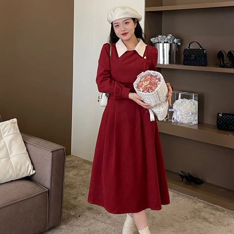 2023 Autumn Winter Long Sleeve Patchwork Dresses Turn-down Collar Button A-line Dresses Thicken Warm Solid Color Long Dresses