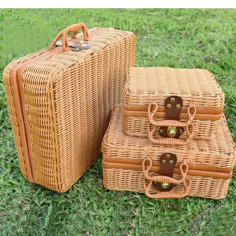 Idyllic Retro Handbox Outdoor Picnic Storage Basket Hand-woven Storage Box Shoot Props Decoration Home Collection Utensils