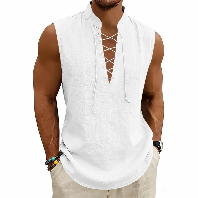 New 2026 American Style Men's Viking Medieval Drawstring Linen Breathable Loose Sleeveless Vest Summer Comfortable Soft Casual