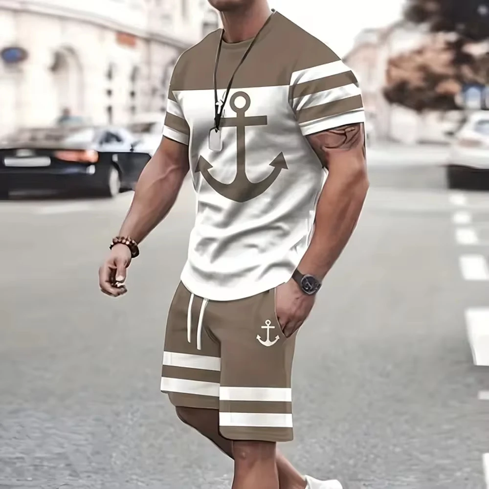 2 Piece Suits Men\'s Casual Pattern Printed Short Sleeve T Shirt And Track Shorts Set Holiday Lounge Beach Sports Suit Fitness