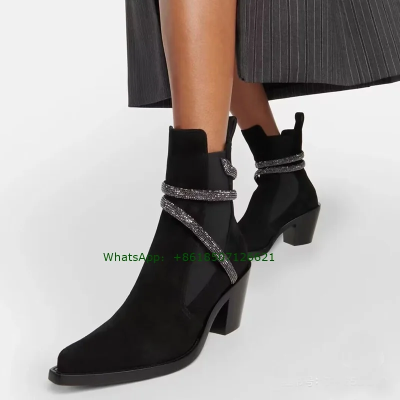 

Black Winding Belt Chunky Heel Ankle Boots Slip-On Pointed Toe Mid-Heel Ladies Boots