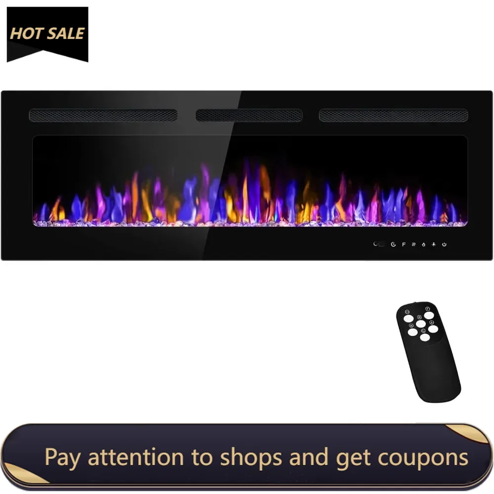 

50" Electric Fireplace Wall Mounted and Recessed with Remote Control, 750/1500W Ultra-Thin Wall Fireplace Heater W/Timer