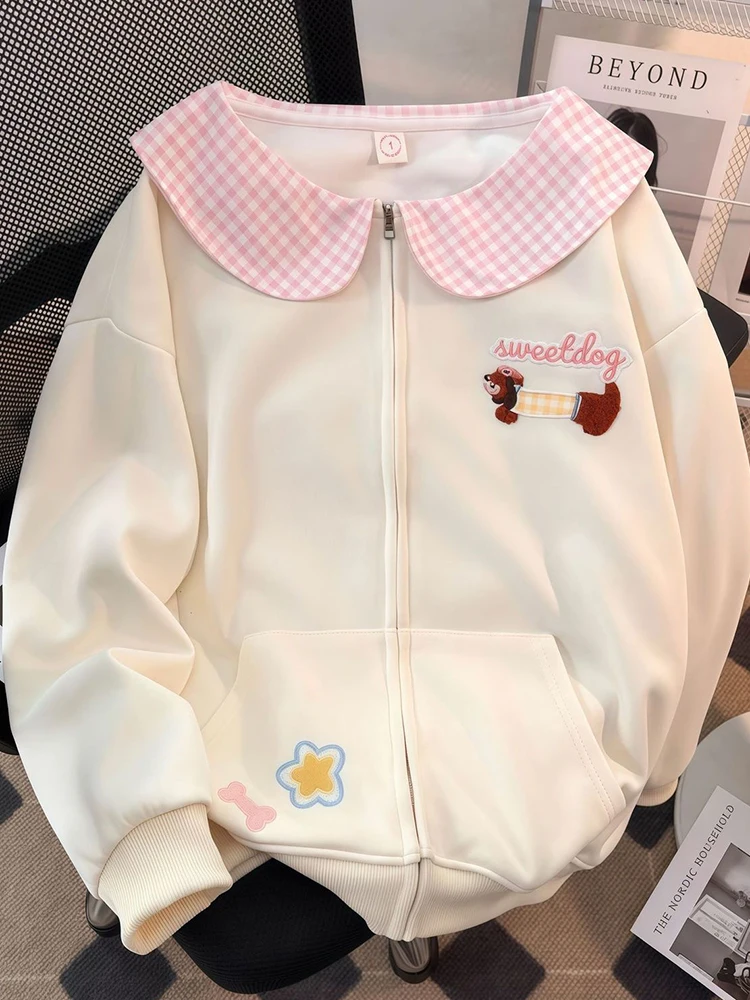 Zoki الكرتون الحلو Kawaii هوديس المرأة فضفاضة لطيف بيتر بان طوق بلوزات الخريف نمط Preppy كم طويل جديد التطريز