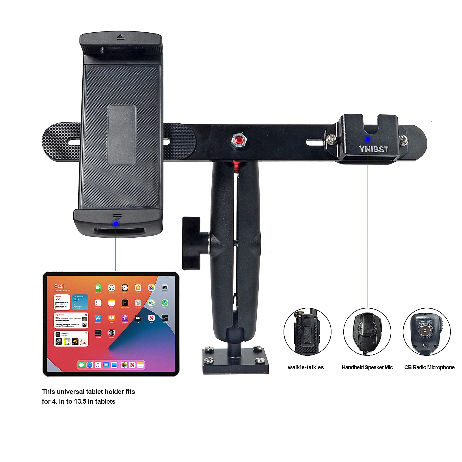 Handheld CB Radio\\Mic Holder Mount with Car Tablet Holder for Truck/Car/Boat/Vehicles,Aluminium Alloy Heavy Duty Drilling Base