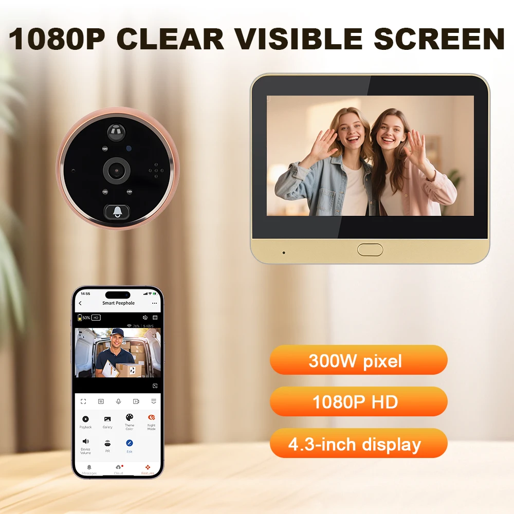 Elecpow Tuya جرس باب ذكي يعمل بالواي فاي مع جرس حلقي 4.3 بوصة 1080P كاميرا بثقب الباب الرقمي PIR للرؤية الليلية كشف الحركة