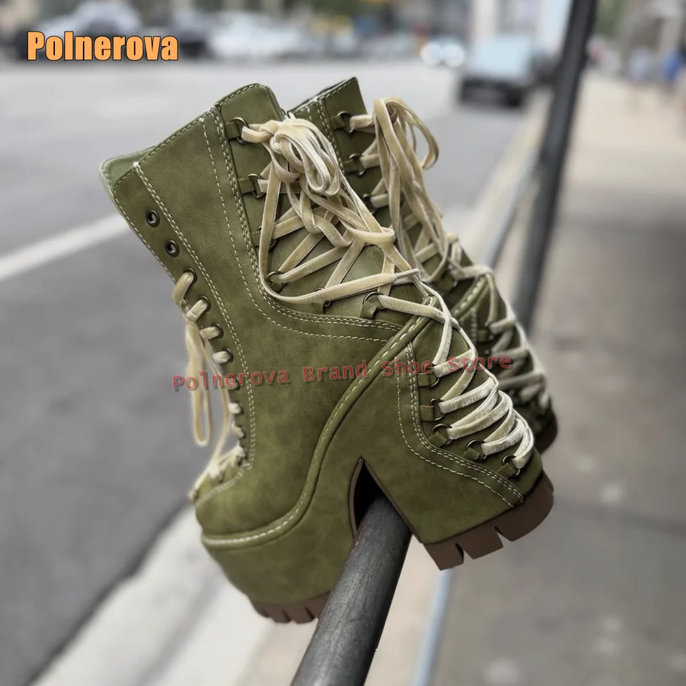

Green Cross Tied Platform Fashion Boots Round Toe Height Increase Woven Lace Up Women Patchwork Knight Boots 2026 New Arrivals
