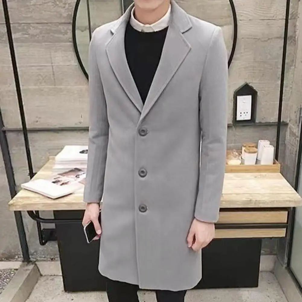 

Wool Coat Stylish Men's Business Coats Single-breasted Anti-wrinkle Mid-length Cardigans in Solid Colors for Fall Winter Seasons