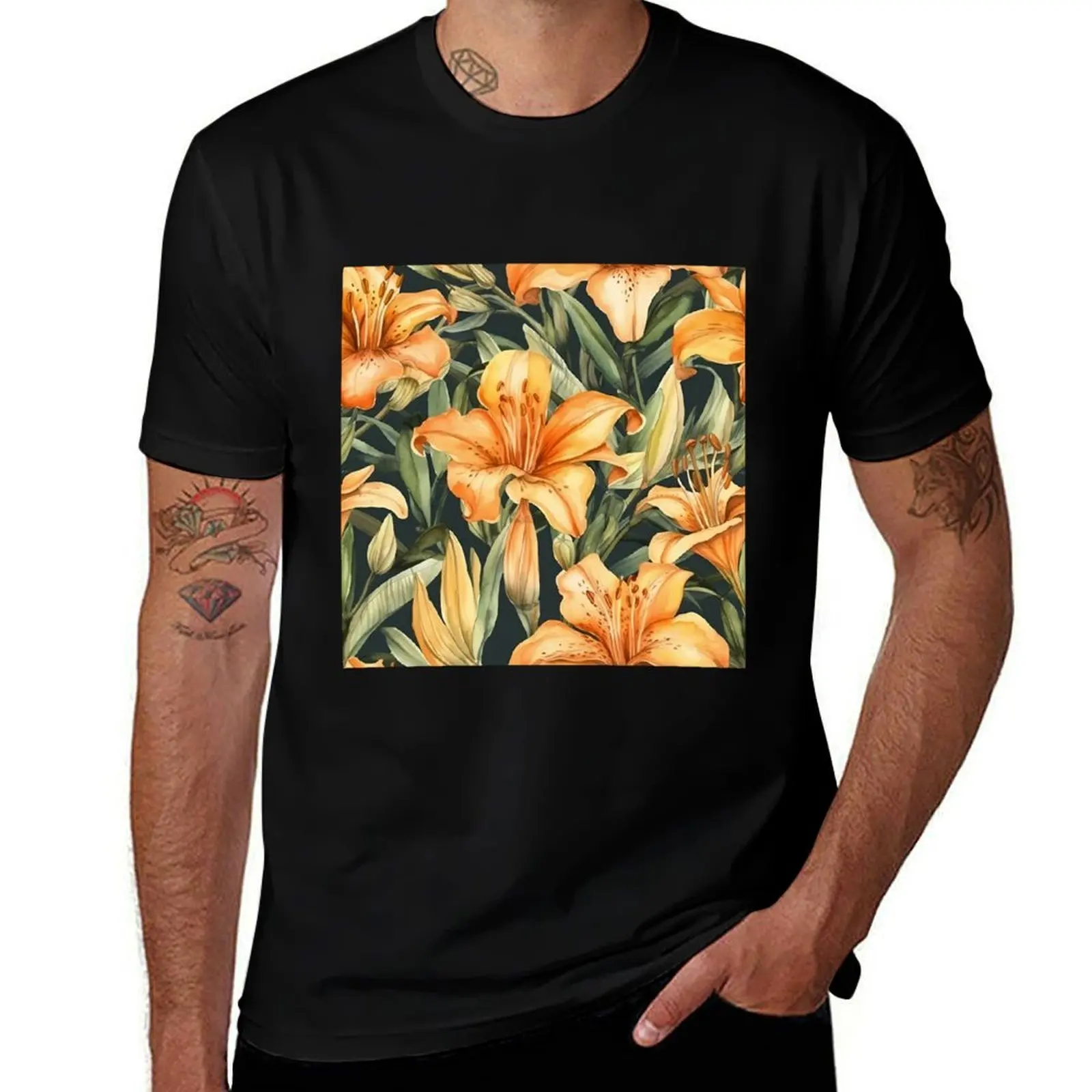 Orange Daylilies Day Lilies Watercolor Pattern T-Shirt Big and Tall Gym T-Shirt