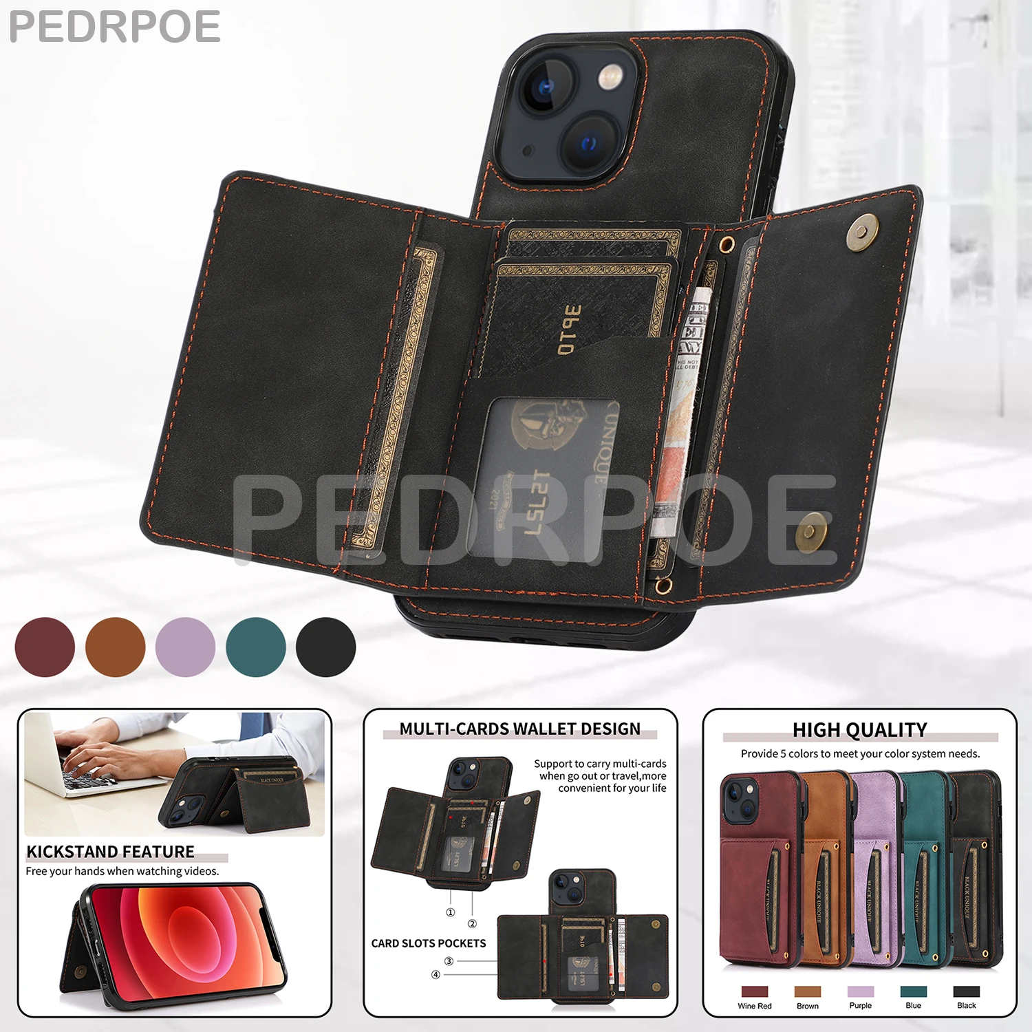 

Luxury Slim Fit Premium Leather Cover For iPhone 14 Pro 13 11 12 mini XR XS Max 7 8 Plus Wallet Card Slots Shockproof Flip Case