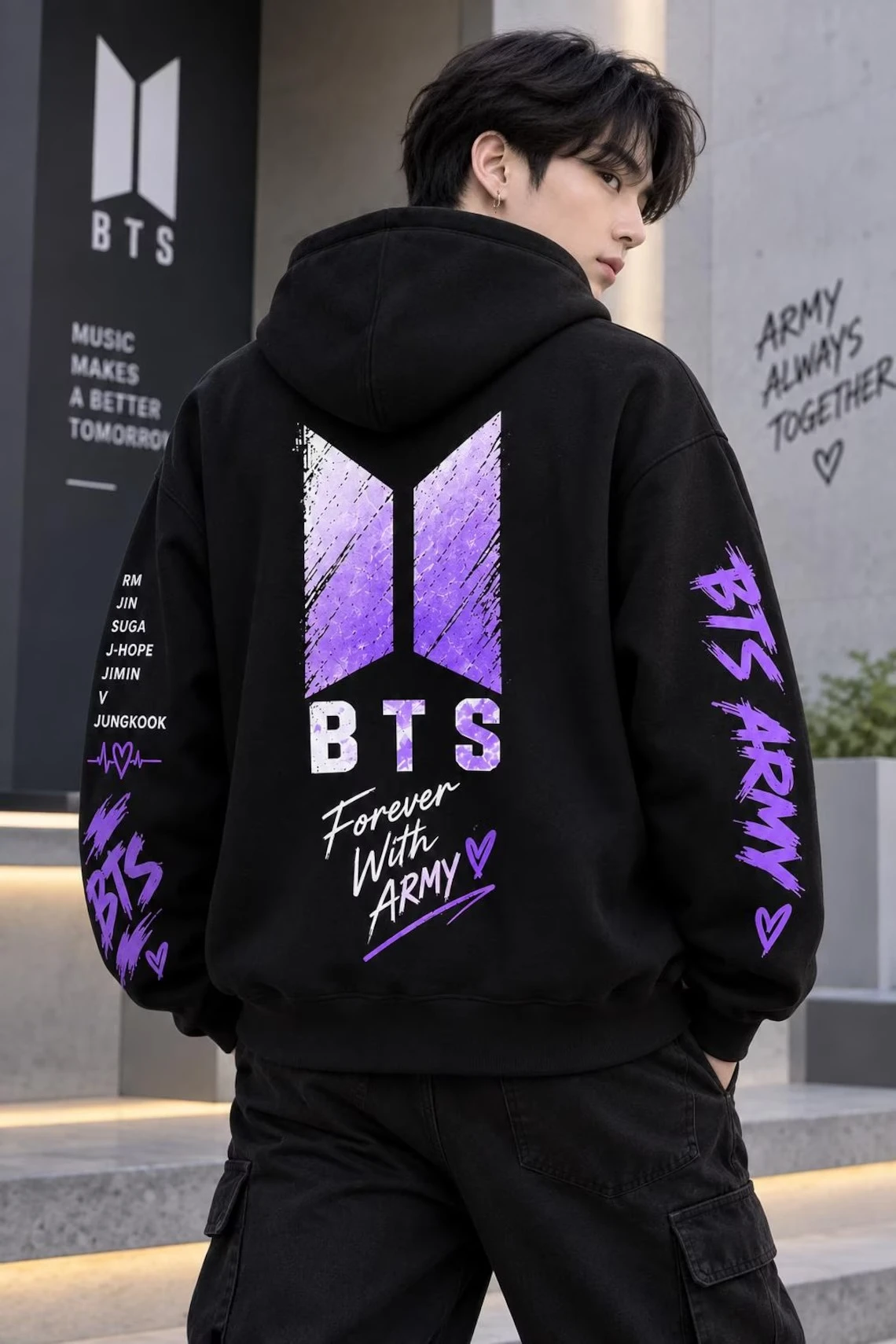 2026 BTS Doppelseitiger Hoodie Lila Graffiti-Logo Mitgliedernamen Ärmel-Print Kpop ARMY Fans Damen- und Herren-Pullover-Sweatshirt – Detail 5