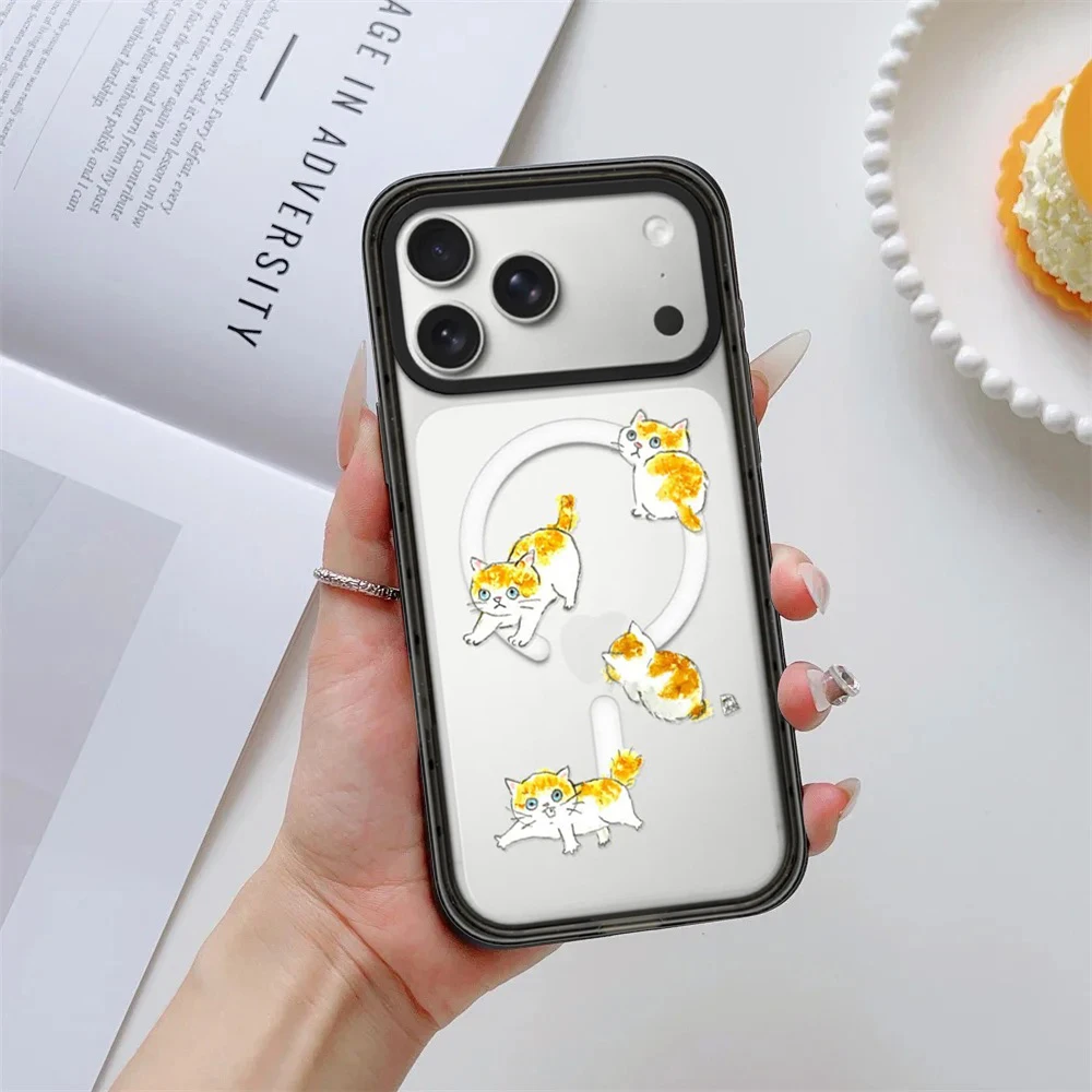 

Cute Orange Cat Impact Black Border Magnetic Cover for IPhone 12 13 14 15 16 17 Pro Max Case for IPhone 17 Air