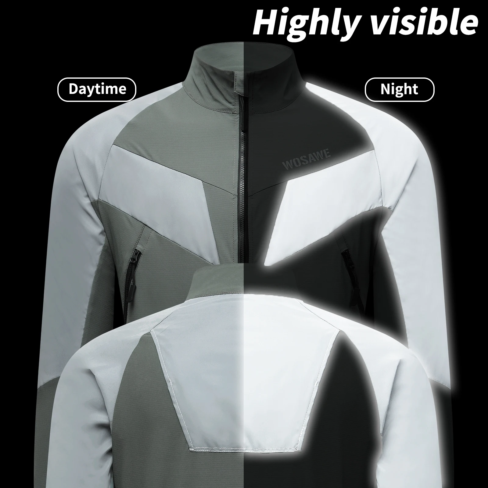 WOSAWE Full Reflective Cycling Jacket Men Women Windproof Night Running Hiking Jacket Water-repellent Bicycle Windbreaker