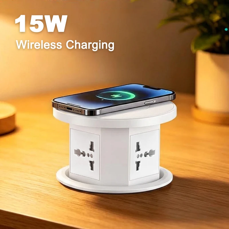 White Pop Up Power Socket, Retractable Desktop Outlet, 3 Universal Sockets+USB C/4 Sockets, Lifting Table Socket for Home Office