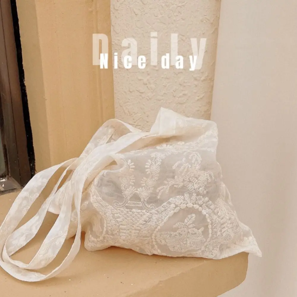 

New Soft Embroidered Floral Shoulder Bag Large Capacity Organza Lace Handbag Portable Tote Bag Women