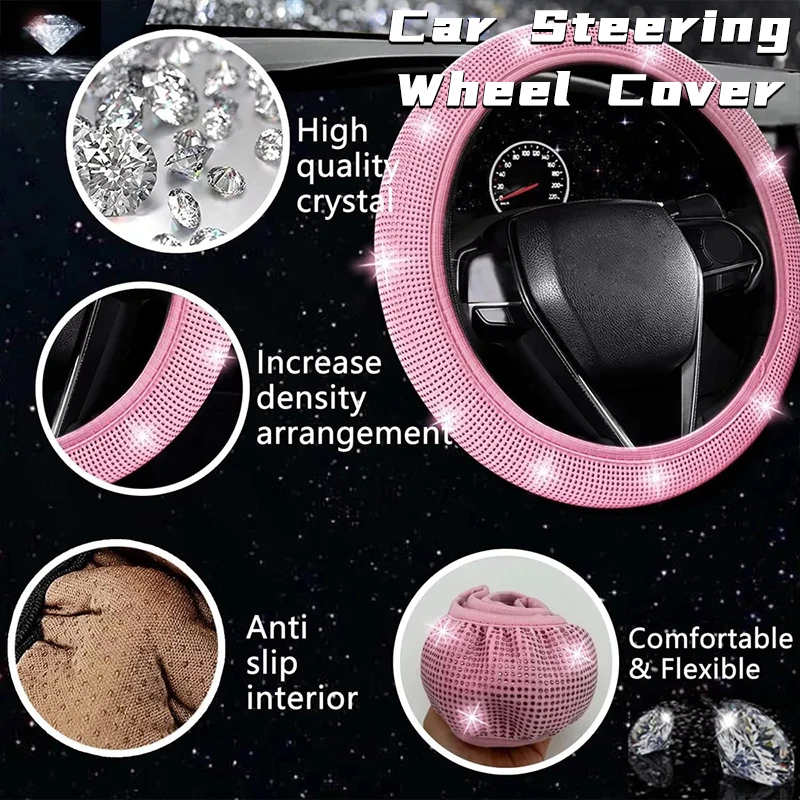 

11pcs Set Luxurious Rhinestone Car Interior Accessories Women Auto Steering Wheel Cover/Seat Belt Pads/Air Outlet Clip Decor