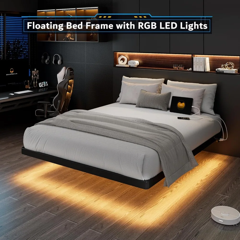 إطار سرير بمنصة معدنية بحجم كوين مع تصميم عائم ومحطة شحن وإضاءة LED