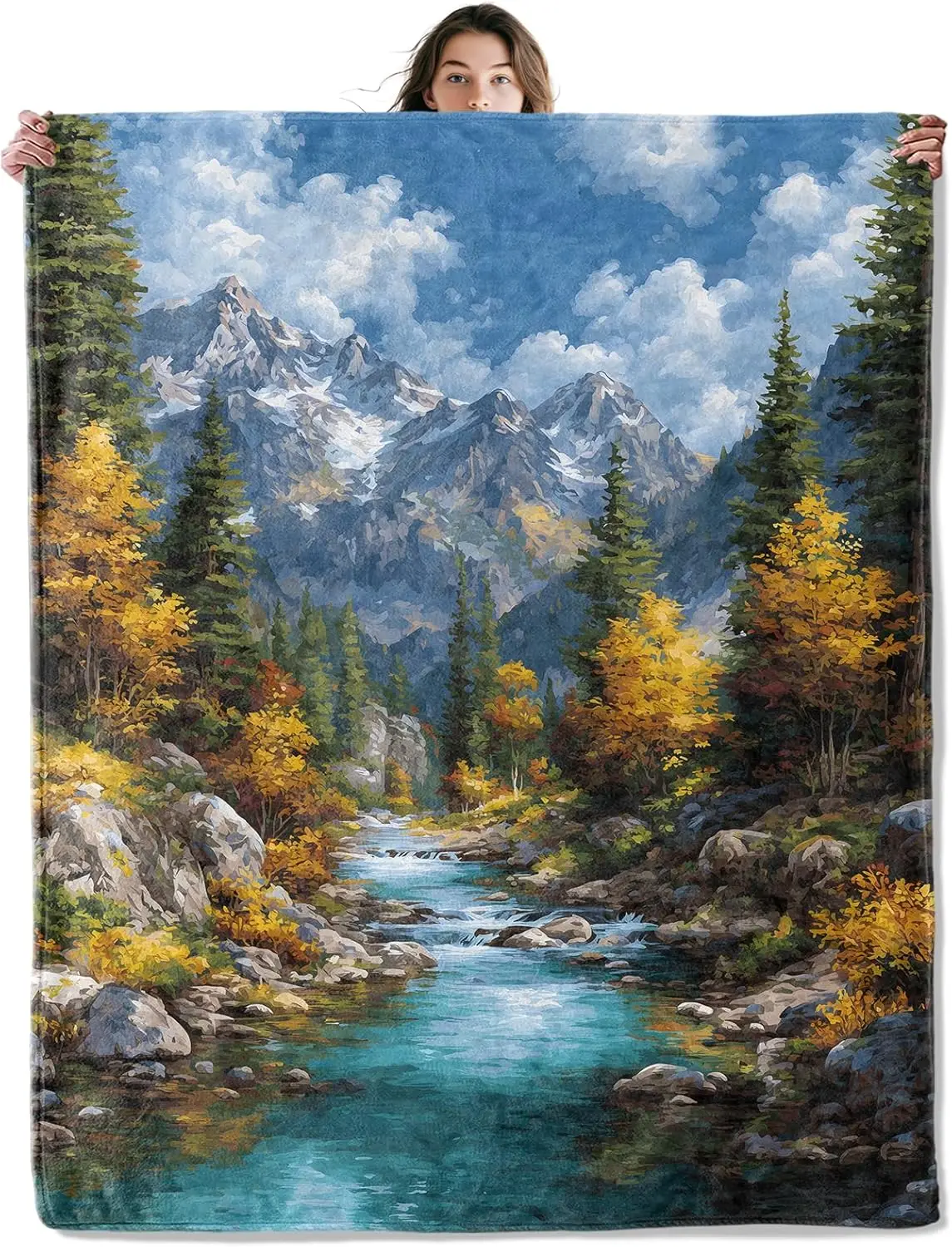 Mountain Throw Blanket Soft Cozy Lightweight Flannel Blankets with Autumn Forest River and Snow Peak Landscape Art Printed for