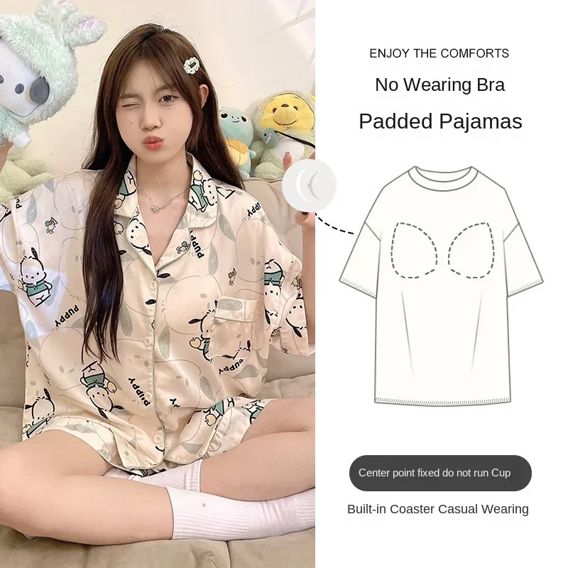 Sanrio ชุดใส่อยู่บ้านสำหรับสุนัขชุดนอนสบายผ้าซาตินไอซ์ซิลค์ระบายอากาศได้ดีพร้อมแผ่นรองหน้าอกให้ความเย็นเหมาะกับชุดนอน