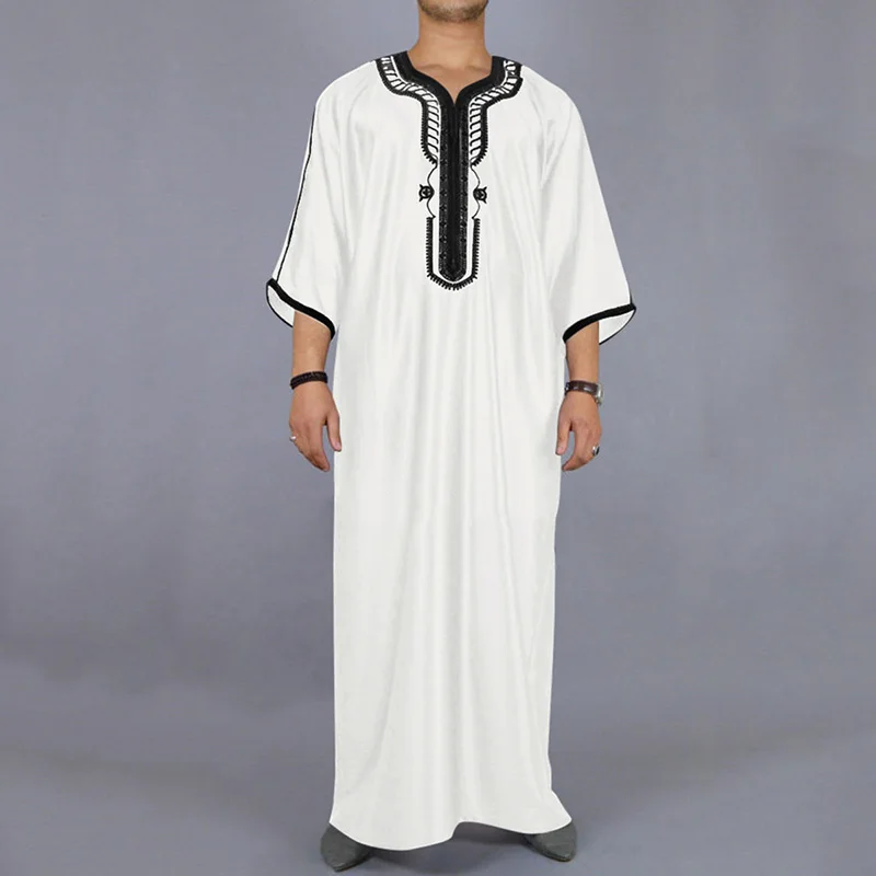 2024 New Summer Caftan New Muslim Men's Black Robe Short Sleeves Embroidered Arabic Ethnic Style Men's Islamic Clothes