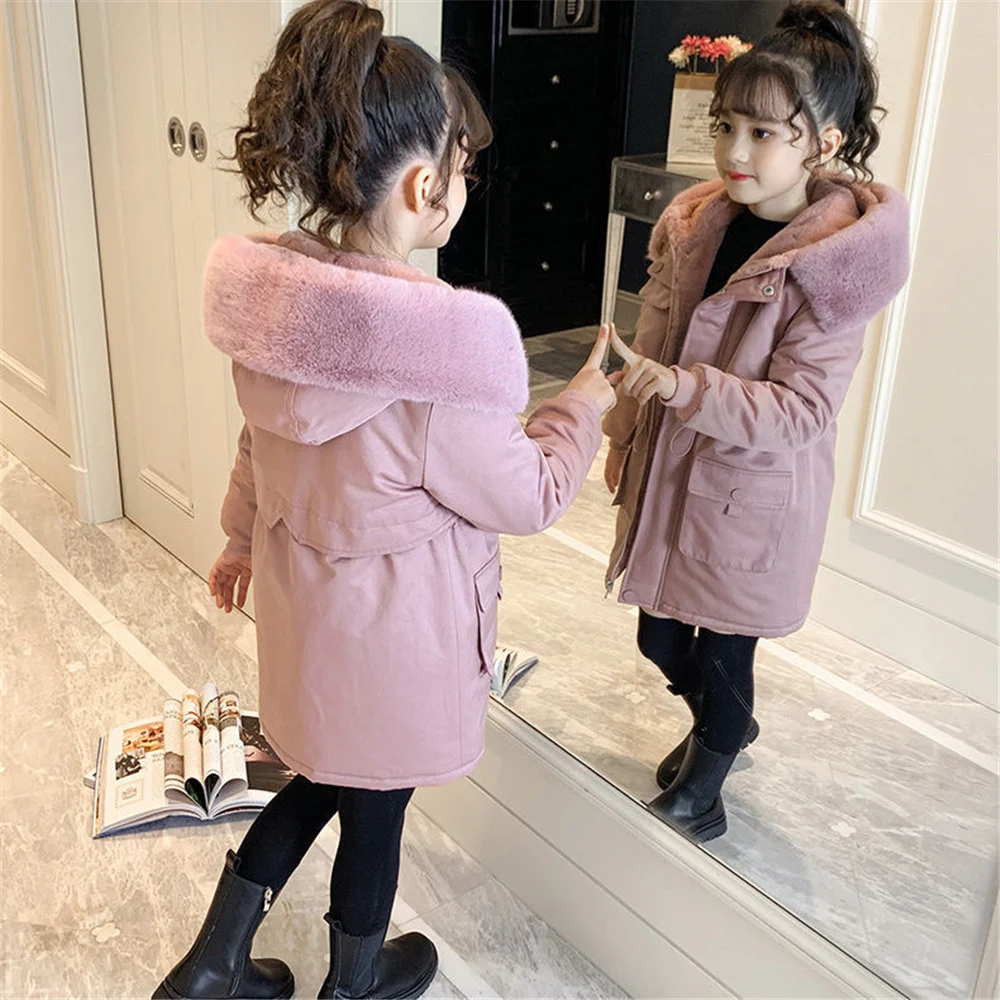 

New Girl clothes Winter Long coat Warm Plus Velvet Cotton jacket Kid Outdoor Thicken Parka children Clothing Hooded Outerwear