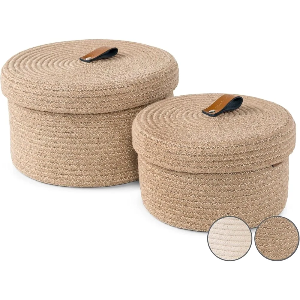 Round Baskets with Lids - Set of 2 Decorative Jute Baskets with Lids for Organizing - Natural Jute Rope Lidded Baskets