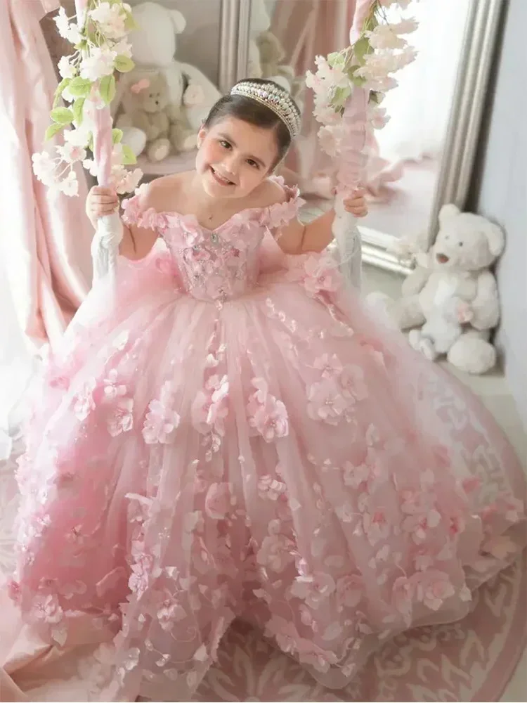 

Custom JDY 3D Applique Flower Girl Dress Wedding Heavy Handmade Pearl Children's Birthday Party Dress First Communion Dress
