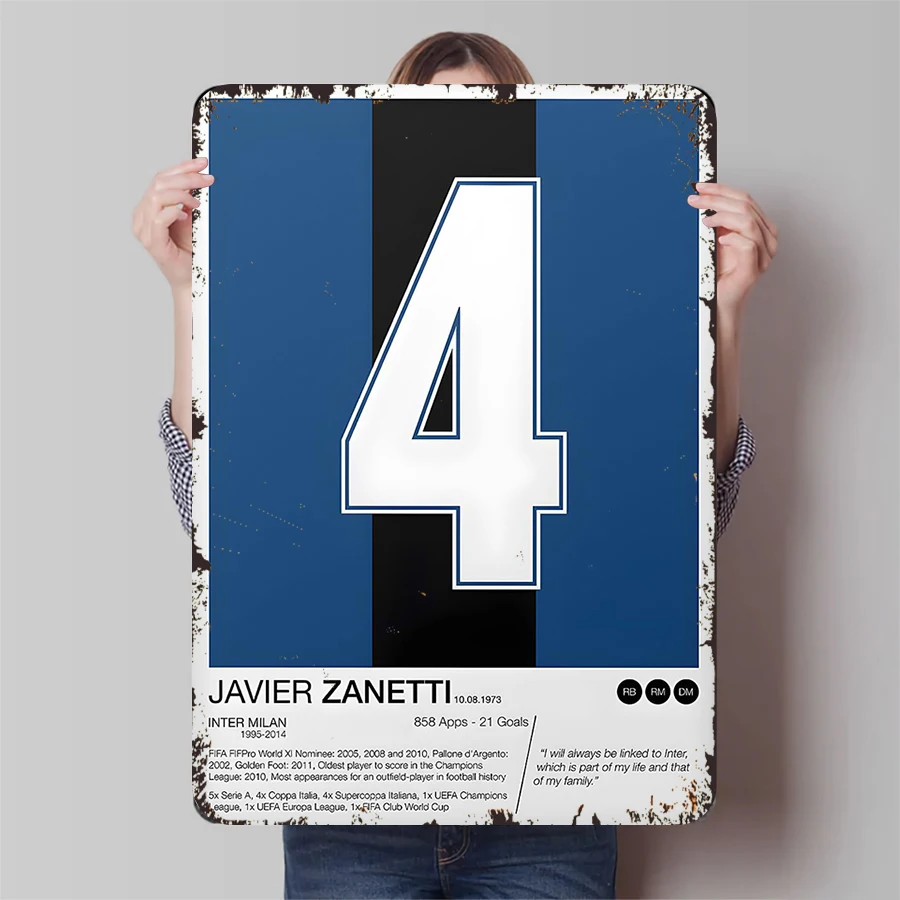 Javier Zanetti Inter Milan Legend Número 4 Estrella de fútbol Decoración artística de pared de metal para fanáticos