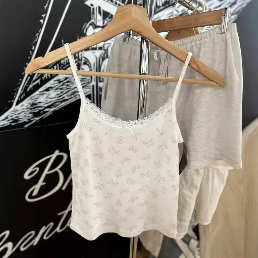 

Женская майка с принтом оленя, кружевная Облегающая майка с круглым вырезом и бантом, милые топы с животным принтом, облегающий Летний жилет, укороченные топы, новинка 2024