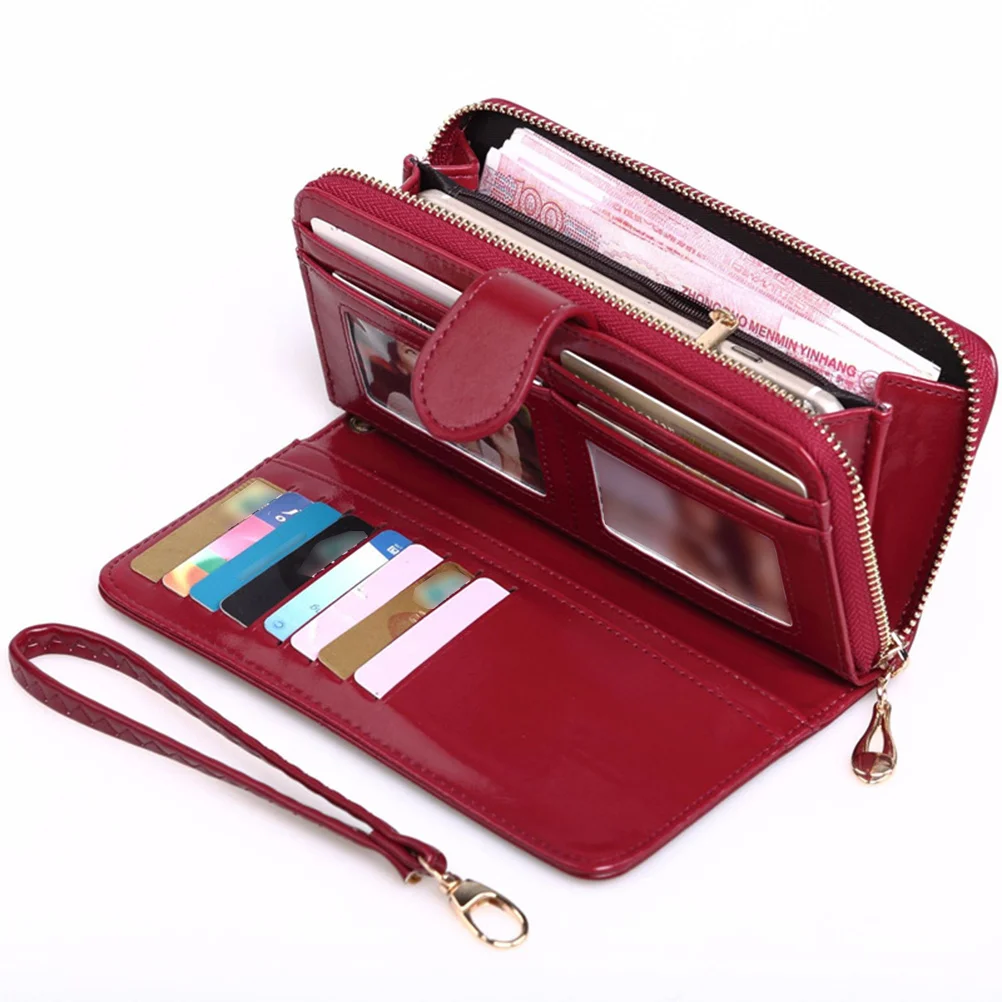 

PU Long Wallet Wine Red Oil Wax Snap Fastener Zippered Purse Portable Pack for Shopping School Work Women Long Wallet