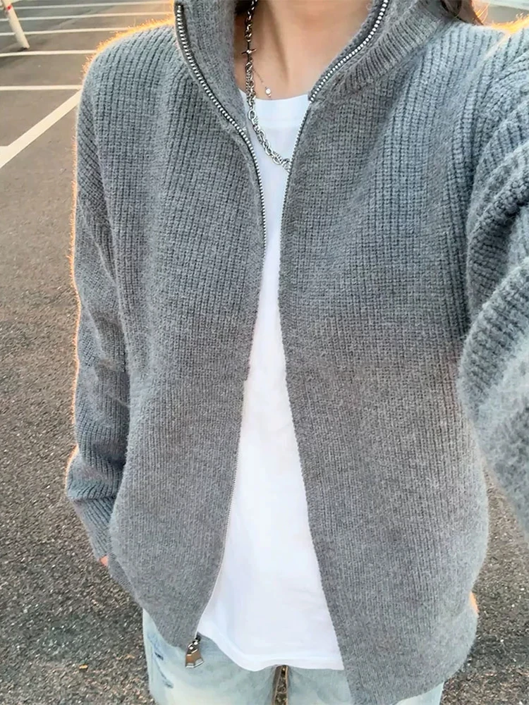 

Gray Open Cardigan Sweater Jacket Men's Spring Autumn High Sensation Lazy Knitted Shirt American Style Stand Collar Jacket