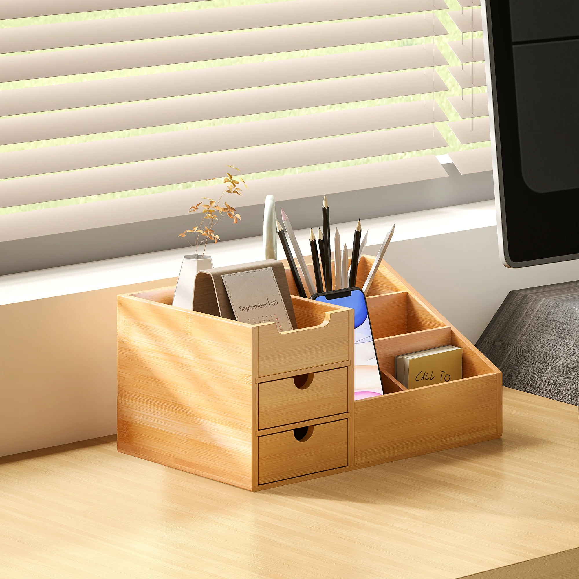 HOMCOM Organizador de Escritorio de Bambu Sistema de Escritorio Organizador de Mesa para Oficina Multifuncional 33x20.5x15.5cm